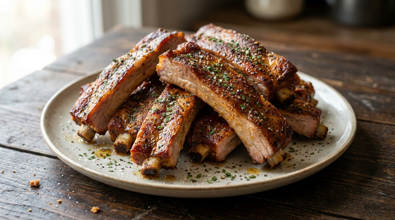 Golden-brown roasted pork ribs piled on a plate, seasoned with salt, pepper, and dried parsley