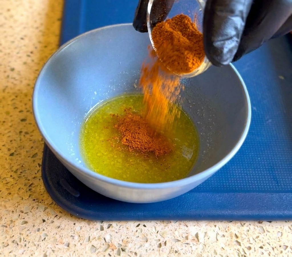 A person wearing a black glove pouring a small glass dish of red-orange spices into a blue bowl containing melted yellow butter.