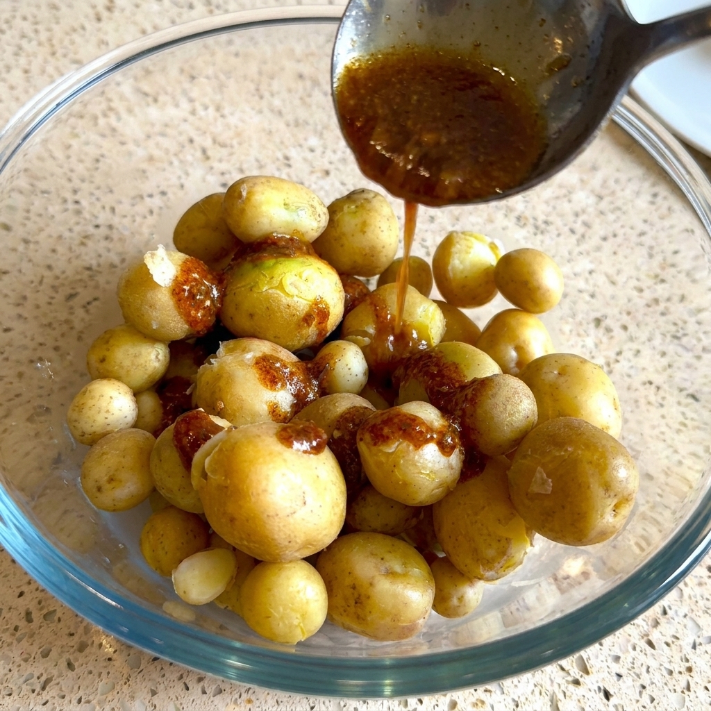 A spoon drizzling a dark red-brown marinade over a bowl filled with small, whole yellow parboiled potatoes.
