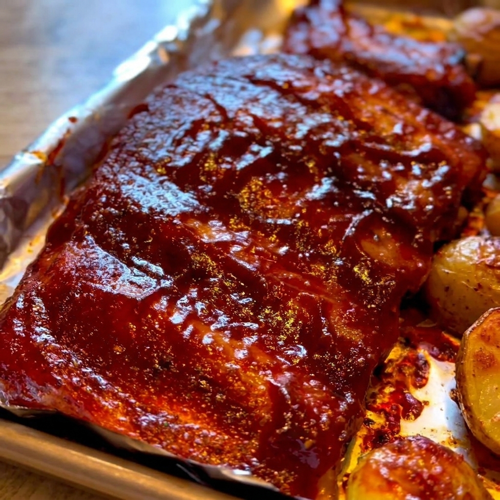 A close-up shot of a pastry brush spreading thick, dark red BBQ sauce onto a rack of roasted ribs.