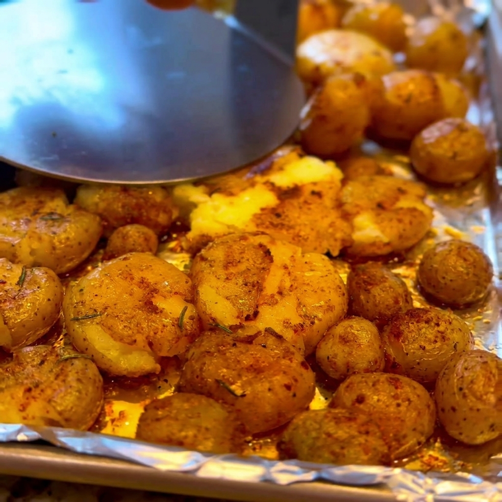 A hand using a round metal masher to flatten golden-brown roasted potatoes on a silver baking sheet.