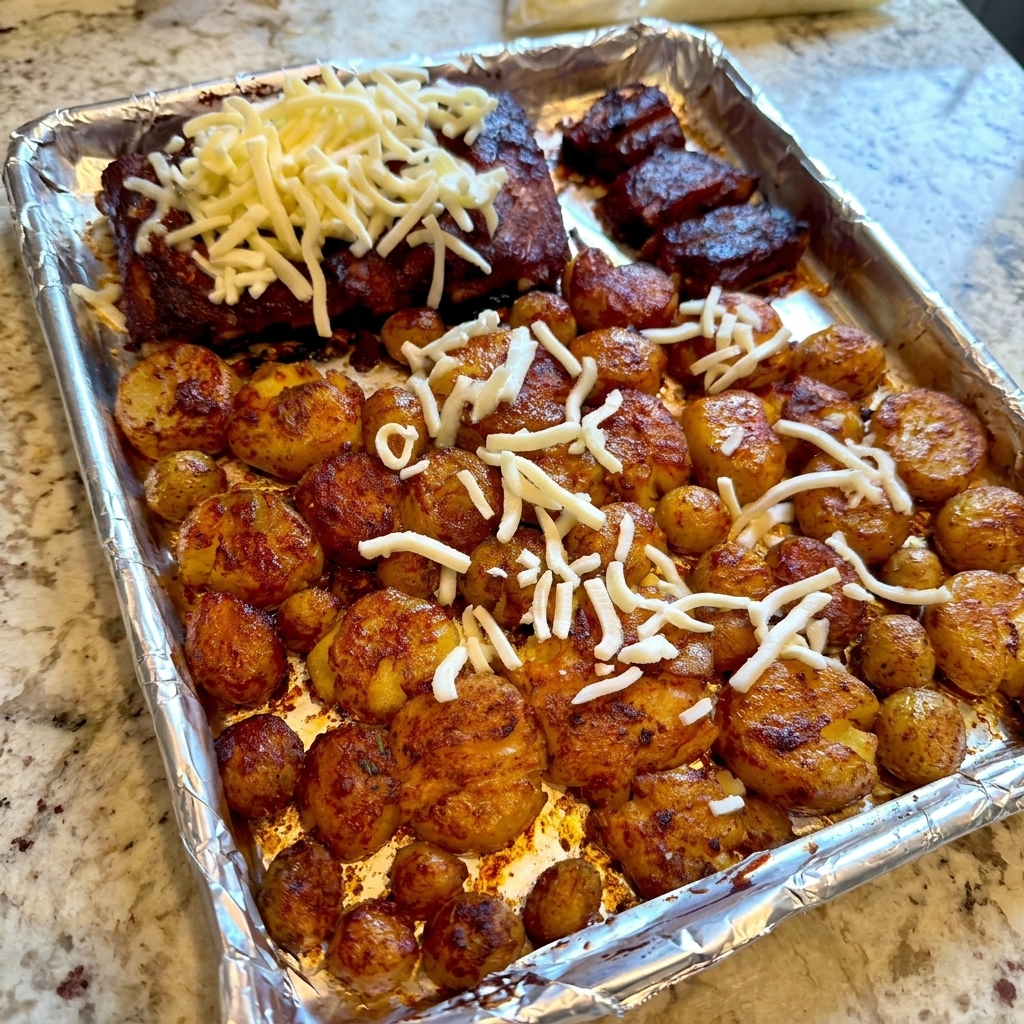 Shredded white cheese being scattered over a tray of BBQ-glazed ribs and smashed golden potatoes.