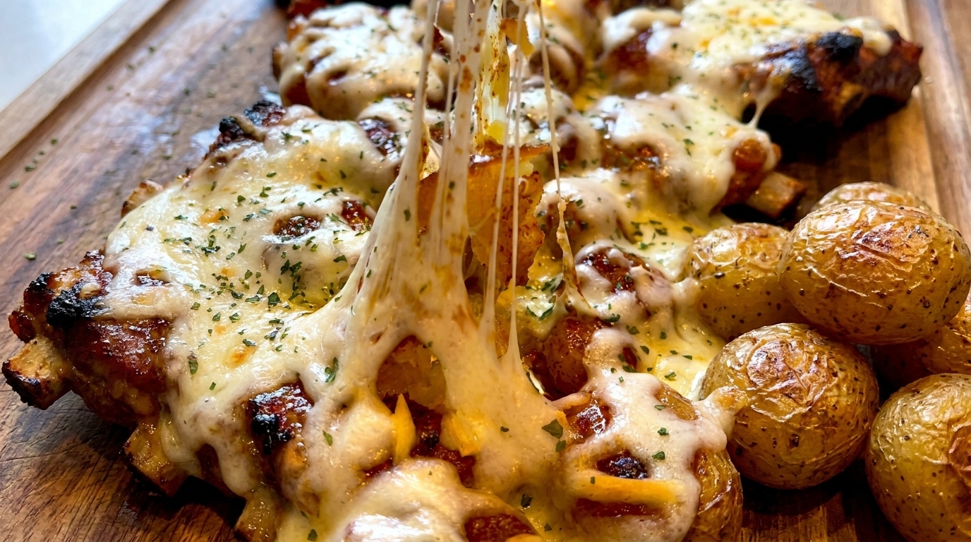 Kansas-Style Cheese Ribs with Smashed Roasted Potatoes