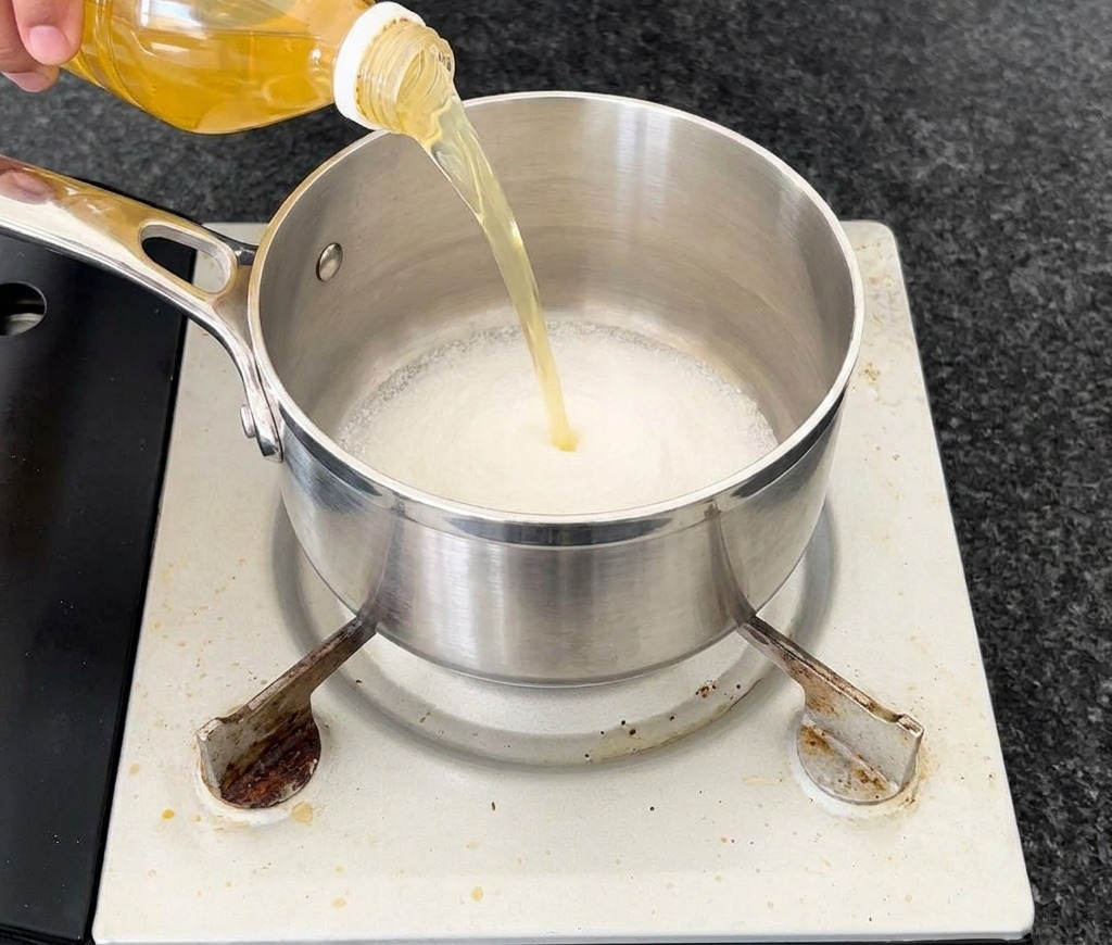 A person pouring clear apple cider vinegar from a plastic bottle into a small metal pot that already contains a layer of white granulated sugar.