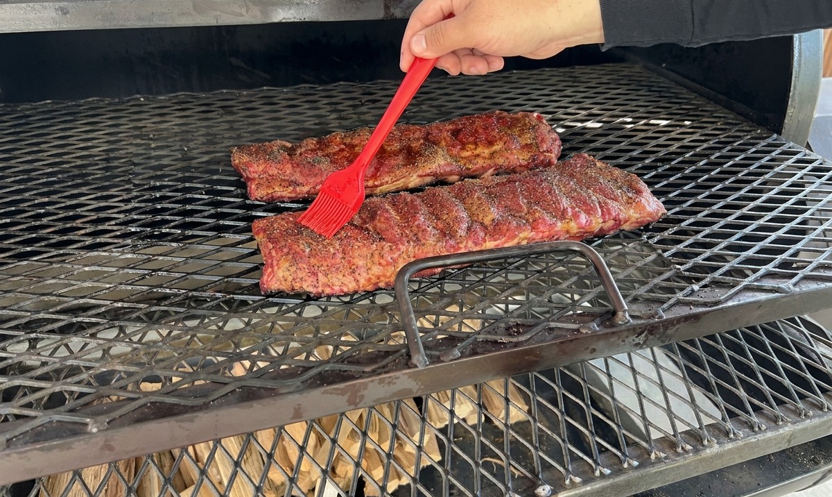 A red basting brush being used to apply sauce to two large racks of ribs cooking on the grates of a wood-fired smoker.