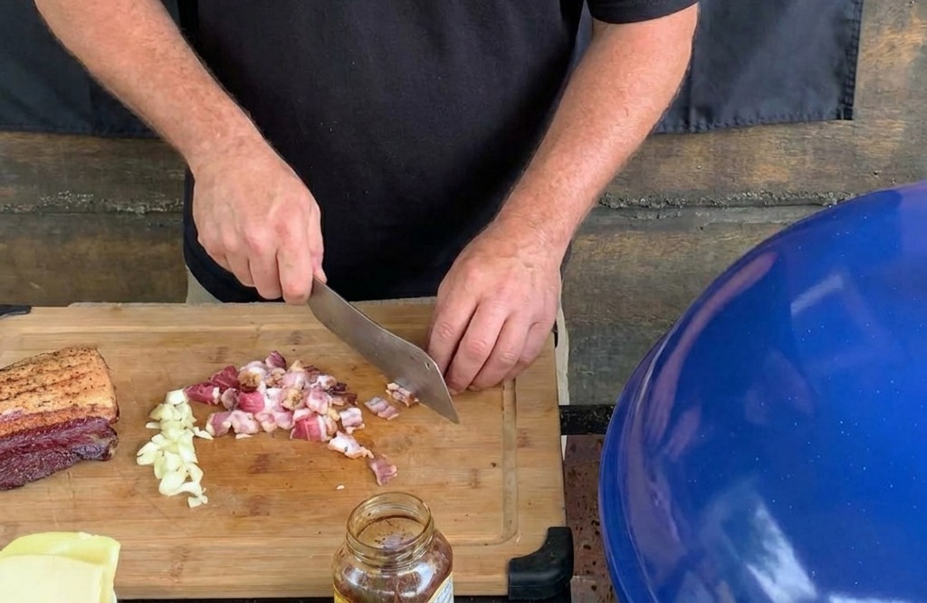 A person using a large chefs knife to dice thick-cut bacon and white onions on a wooden cutting board.