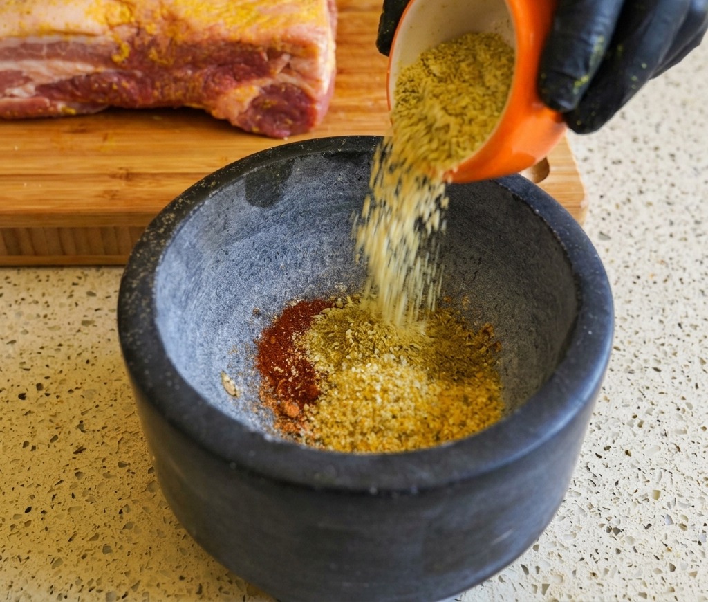 Bright red and yellow spices being poured from a small bowl into a stone mortar.