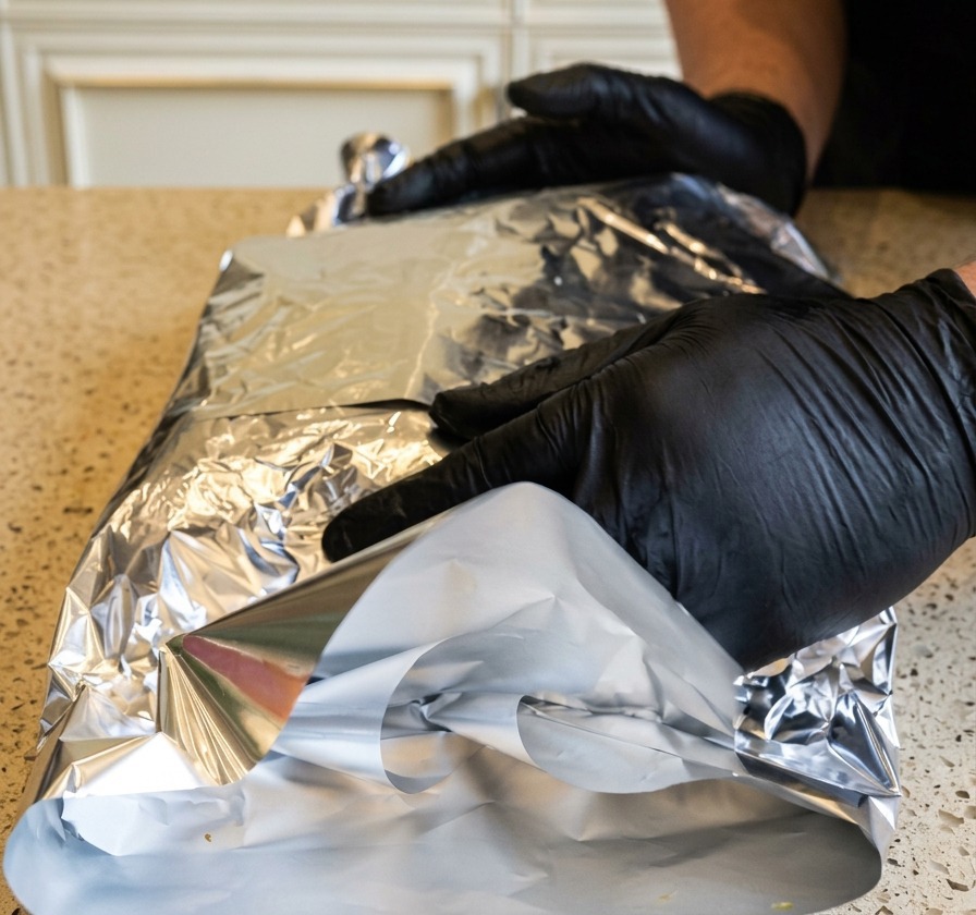 A person wearing black gloves is tightly wrapping a large piece of seasoned beef brisket in aluminum foil on a light-colored countertop.