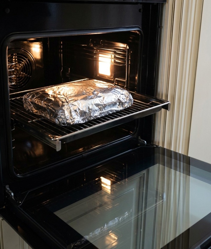 The aluminum foil-wrapped brisket is centered on a wire rack inside a modern, black built-in oven with the door open.