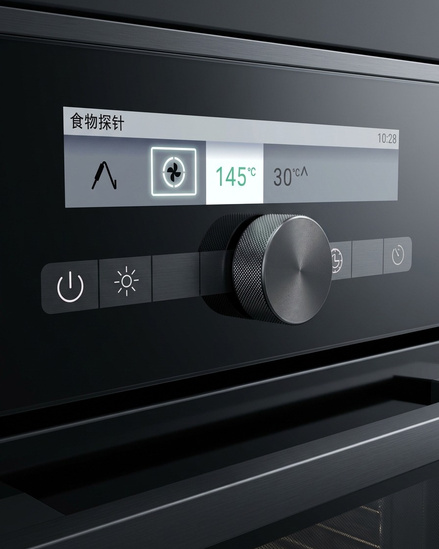 Close up of a digital oven interface showing temperature settings of 145C and meat probe indicators.