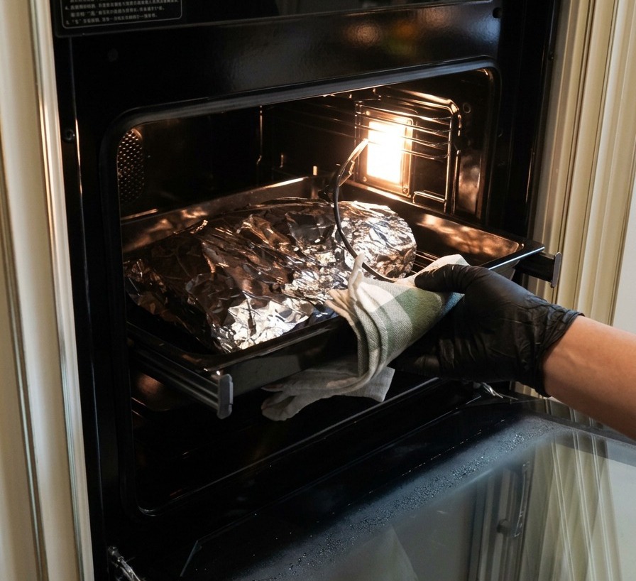 A hand in a black glove uses a white and green kitchen towel to pull a baking tray containing a large foil-wrapped beef brisket out of a modern black oven.