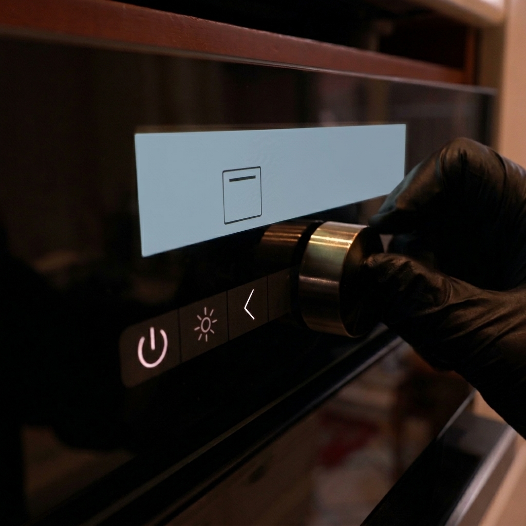 A hand wearing a black glove is turning the metallic control knob on a black digital oven to adjust the temperature.