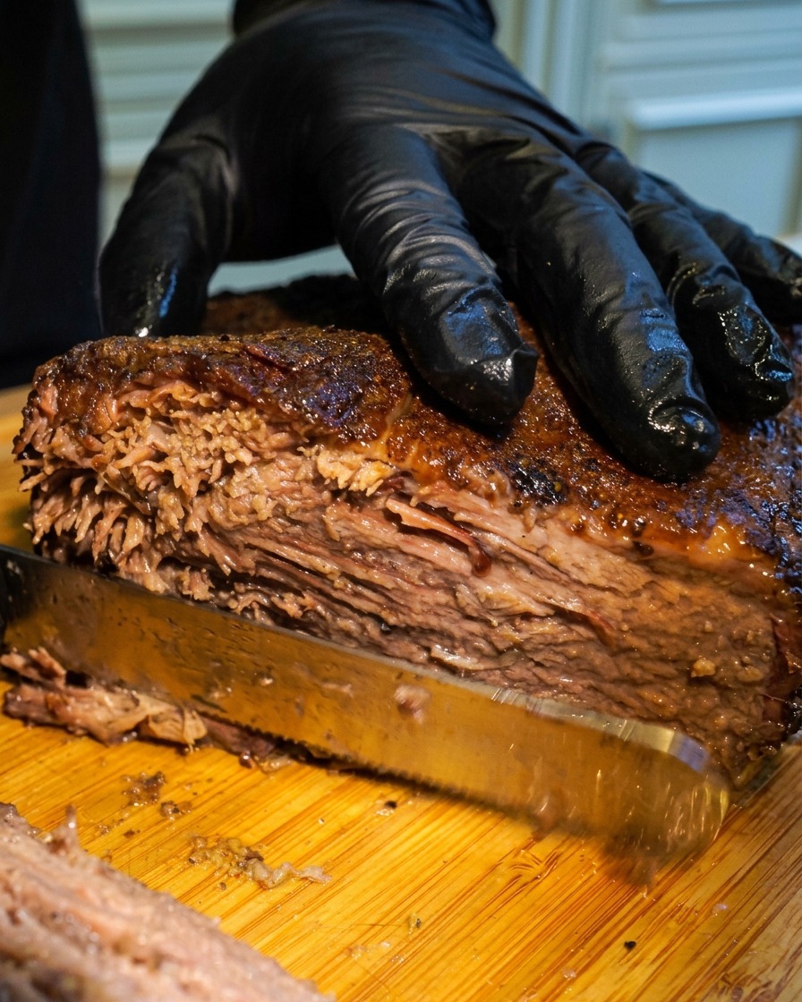 A close-up of a hand in a black glove lifting a thick, juicy slice of dark-crusted beef brisket with a knife to show the tender interior fibers.