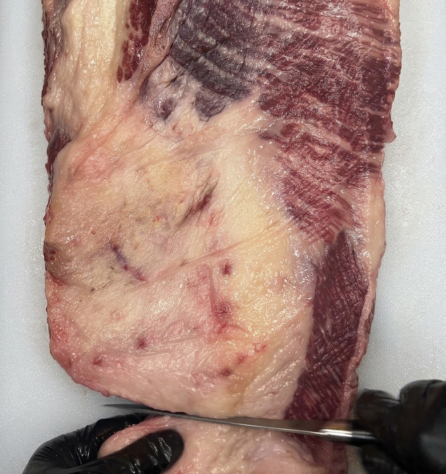 A close-up shot of hands in black gloves using a sharp boning knife to trim white fat from a large piece of raw Wagyu beef brisket on a white cutting board.