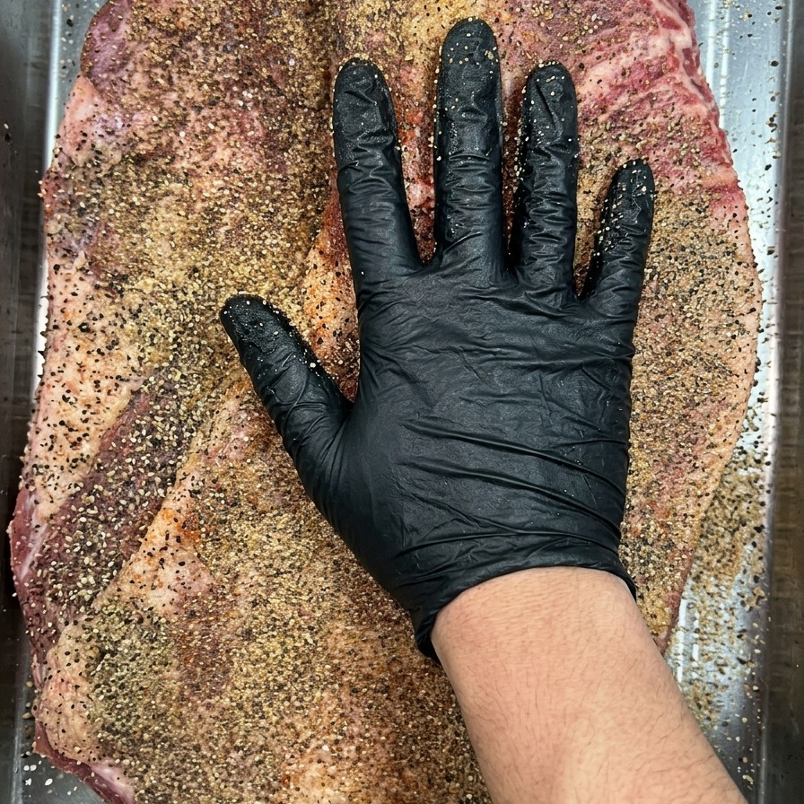 A person wearing a black nitrile glove pressing a heavy coating of black pepper and salt into the surface of a raw brisket.