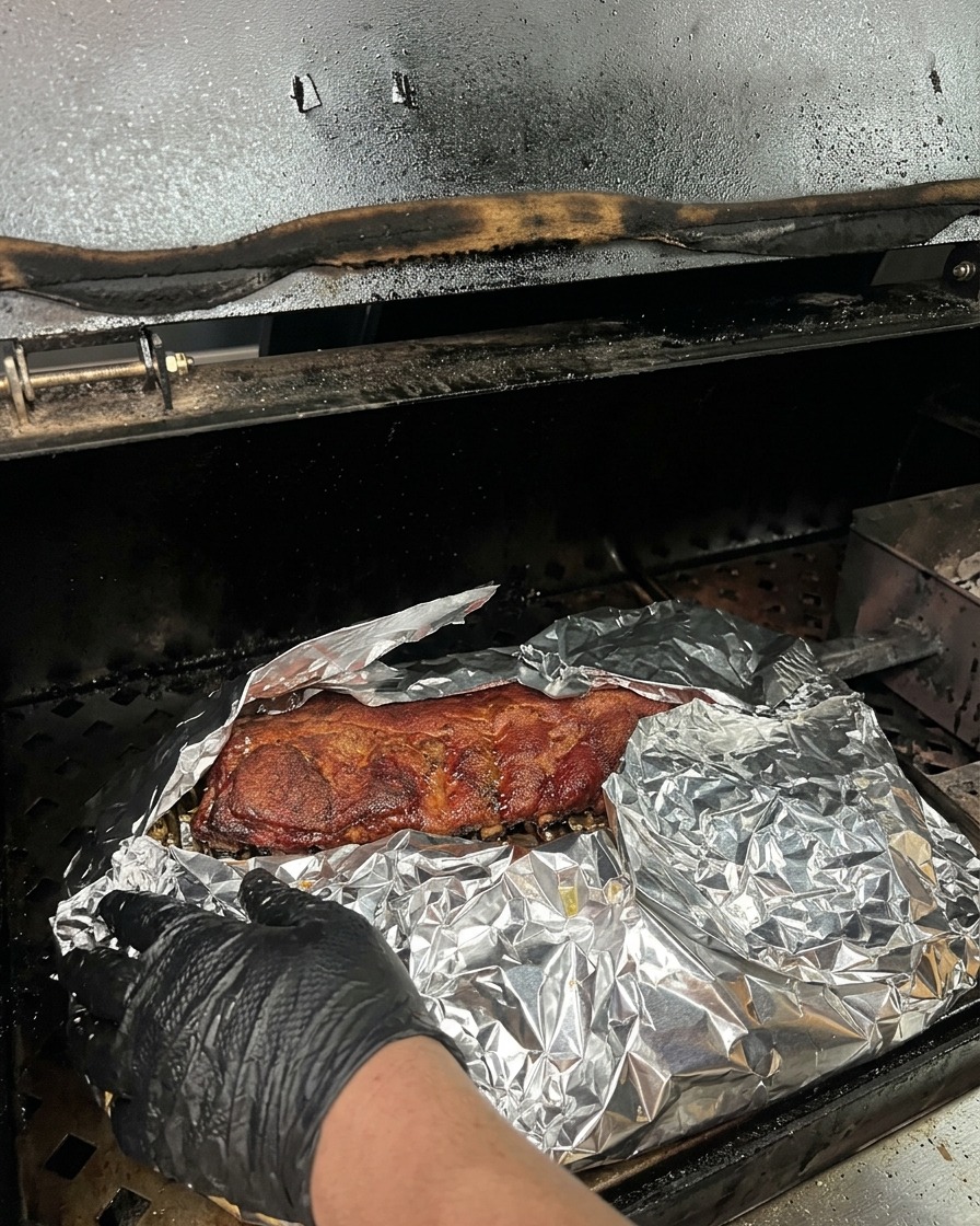 A large piece of smoked brisket being wrapped in several layers of heavy-duty aluminum foil on the smoker grate.