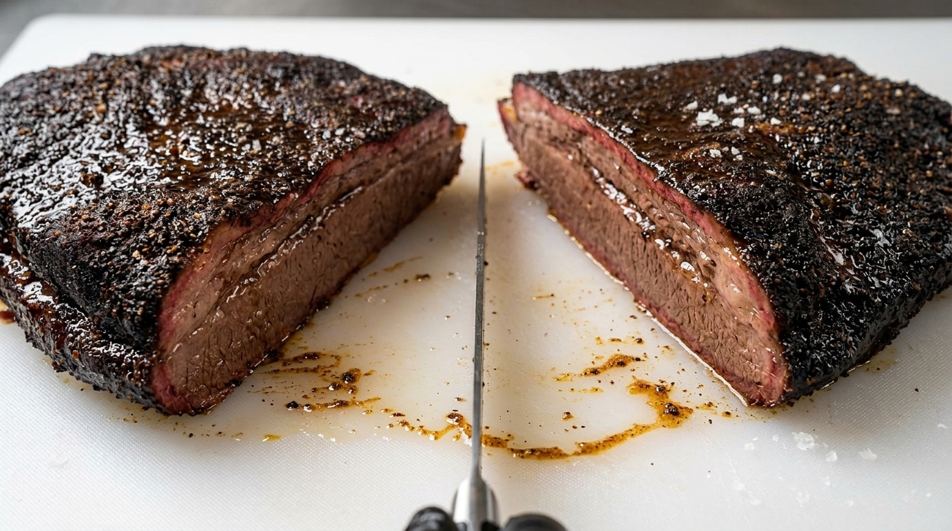 Sliced Stone Axe Wagyu brisket showing a perfect smoke ring and glistening rendered fat.
