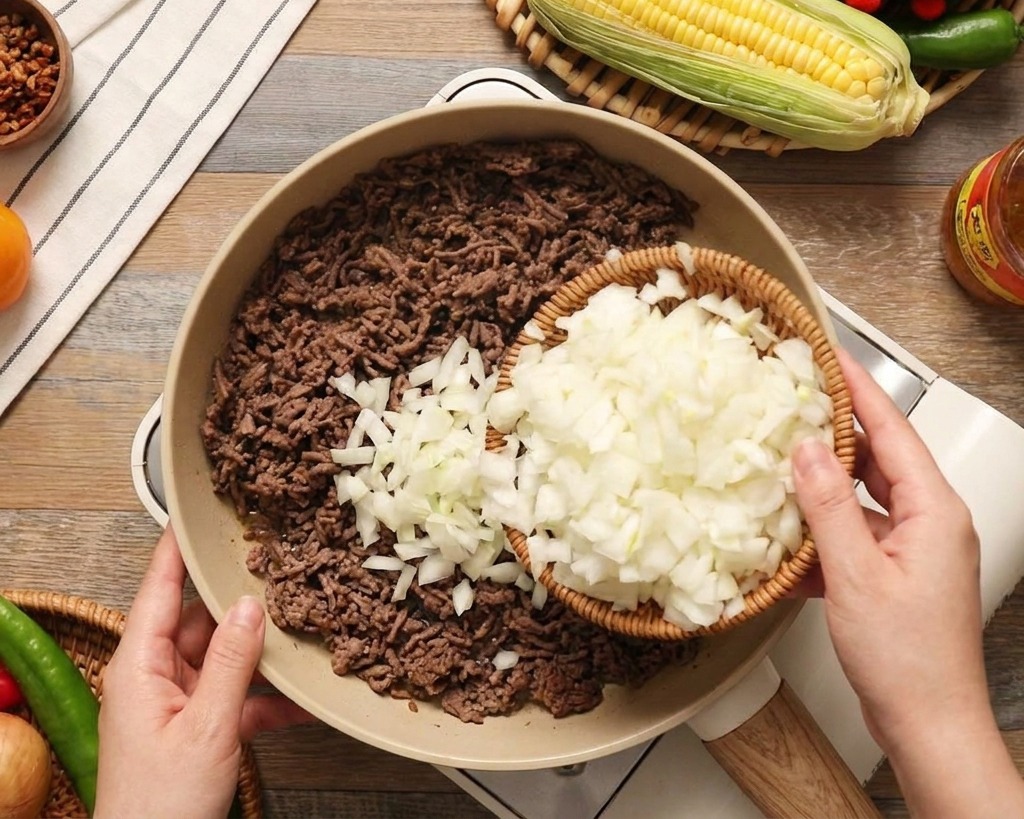 Diced white onions being poured from a small basket into a pan of browning ground beef.