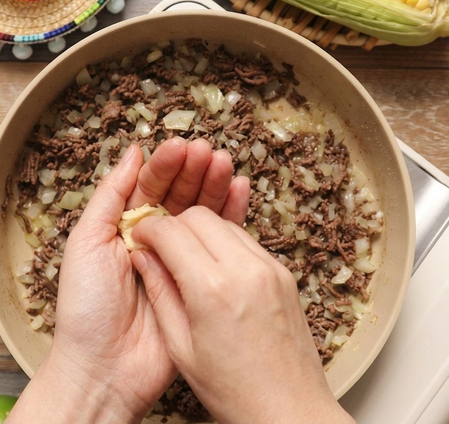 A hand adding a clove of garlic to a pan of browned minced beef and chopped onions.