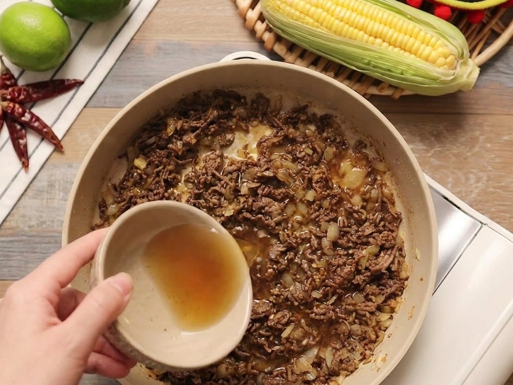 Liquid being poured from a small bowl into a skillet of seasoned ground beef and onions.