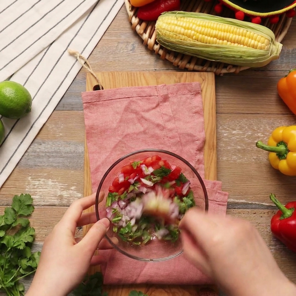A close-up shot of a hand using a spoon to mix a fresh salsa made of diced tomatoes, onions, and cilantro in a transparent bowl.