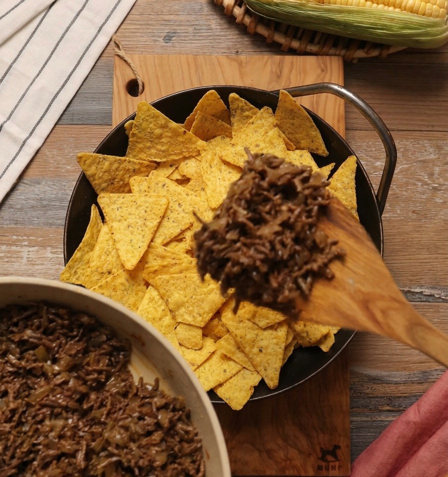 A wooden spoon spreading a thick, savory minced beef sauce over a layer of yellow corn chips in a black skillet.