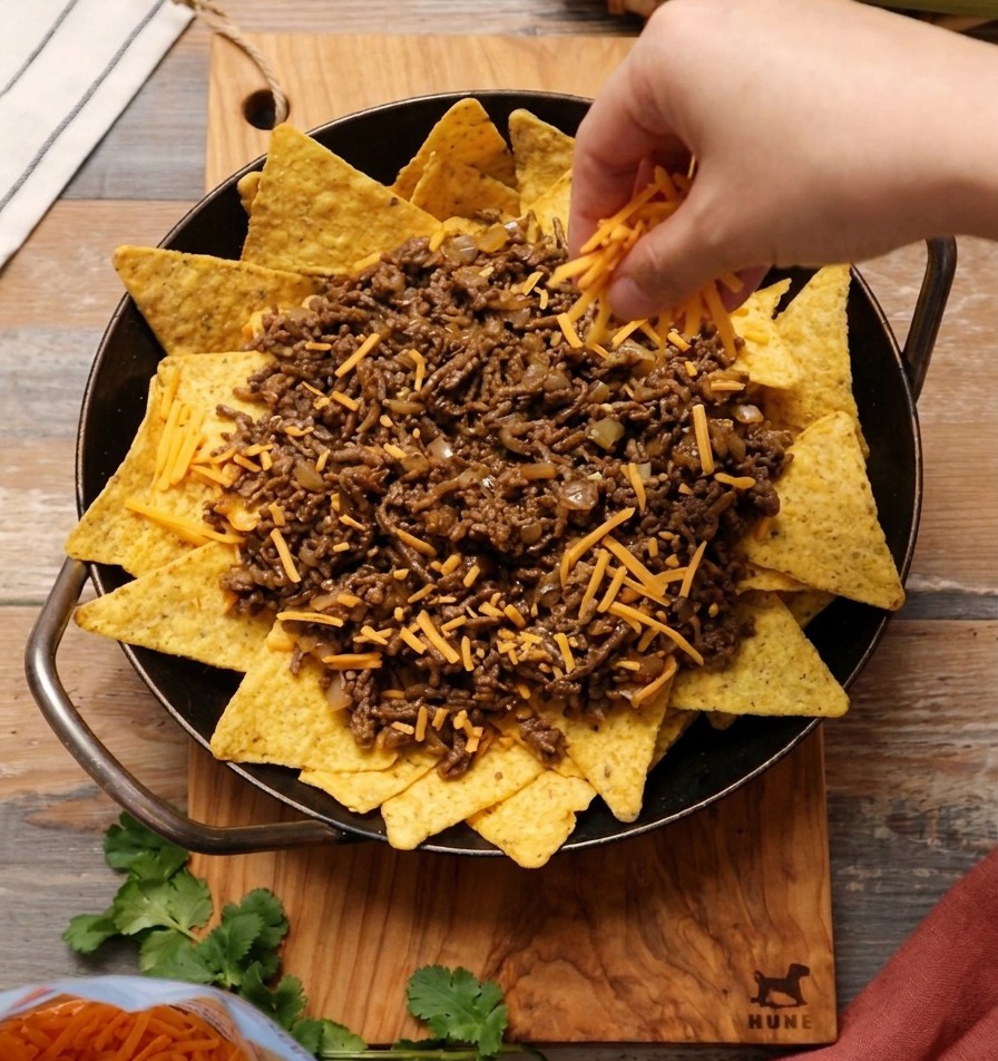 A hand sprinkling a generous amount of shredded orange and white cheese over a pan of beef nachos.