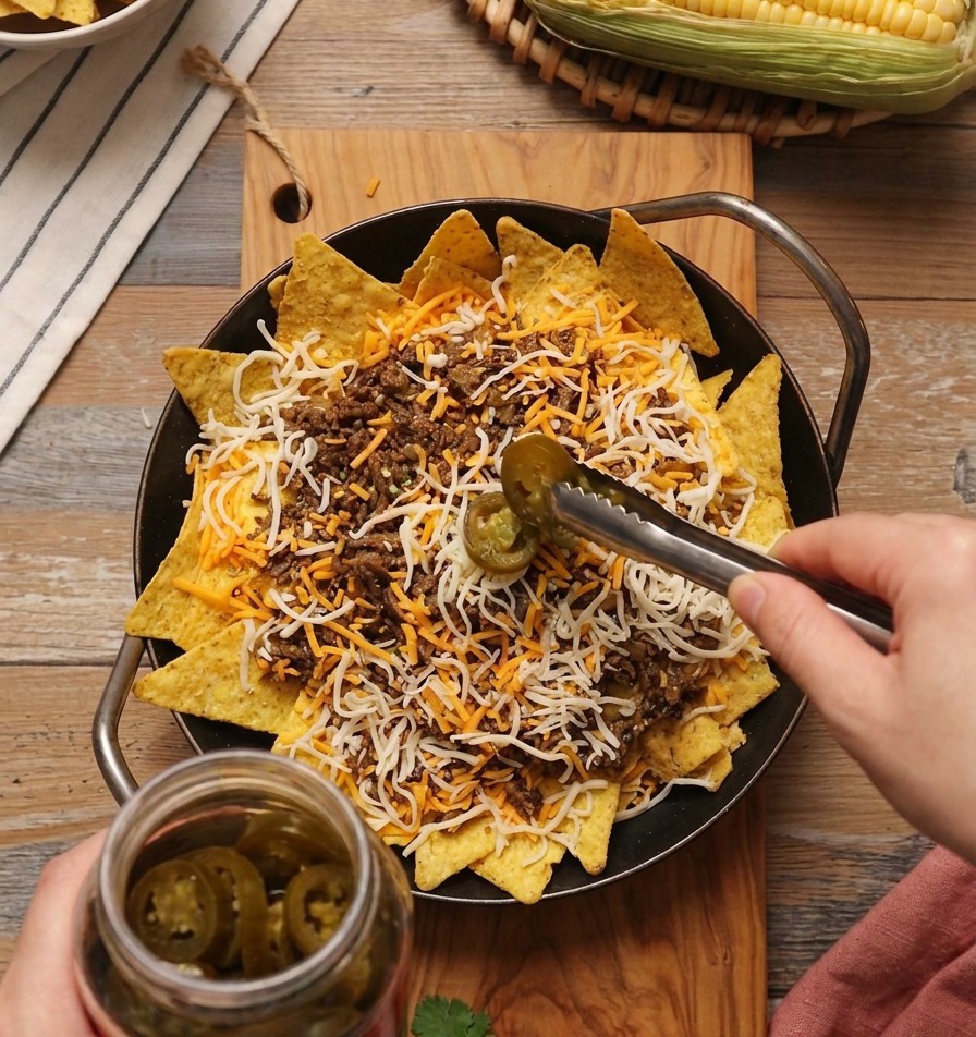 Metal tongs placing green pickled jalapeno slices on top of a layer of shredded cheese and meat in a cast-iron skillet.