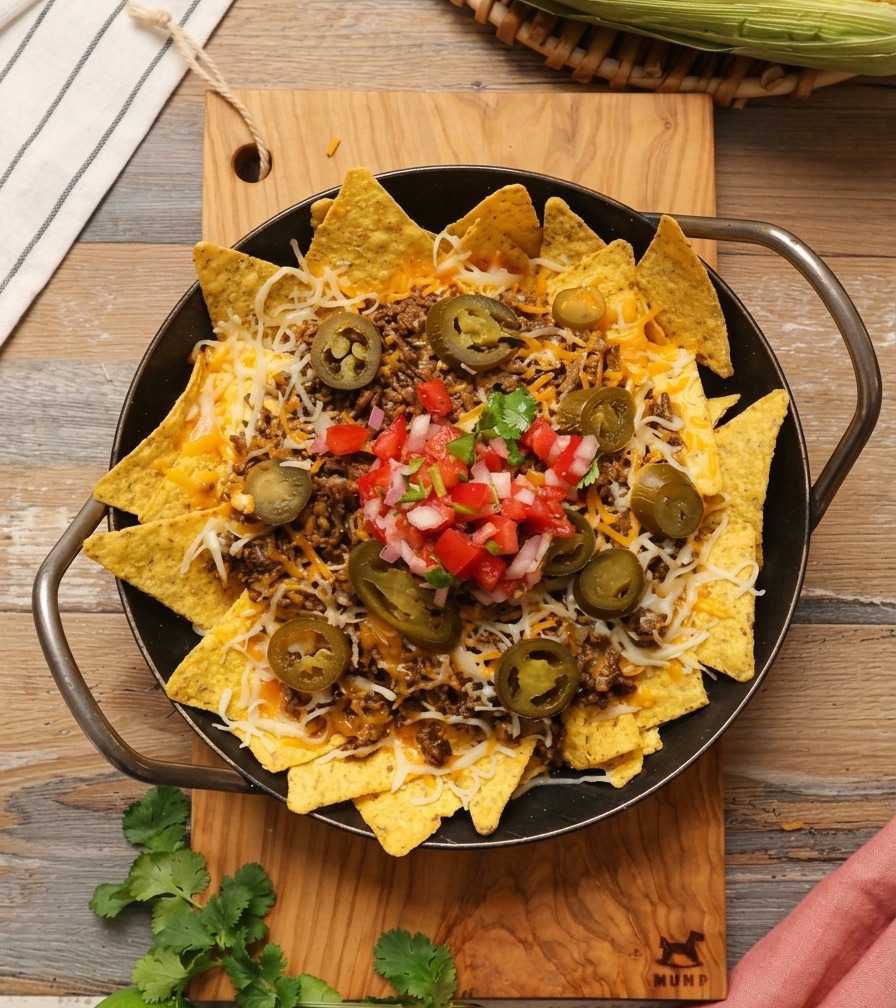An overhead shot of a skillet of melted cheesy nachos topped with a vibrant red tomato and onion salsa.