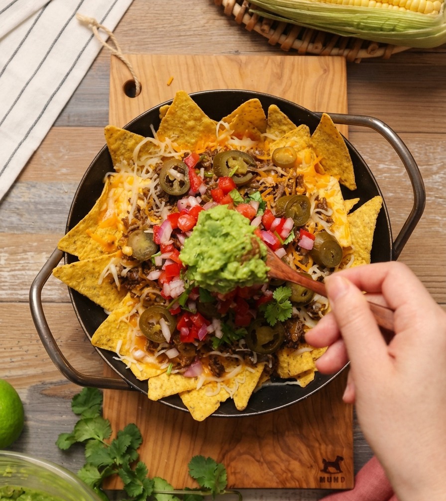 A wooden spoon placing a scoop of green guacamole on top of the salsa in the center of a nacho platter.