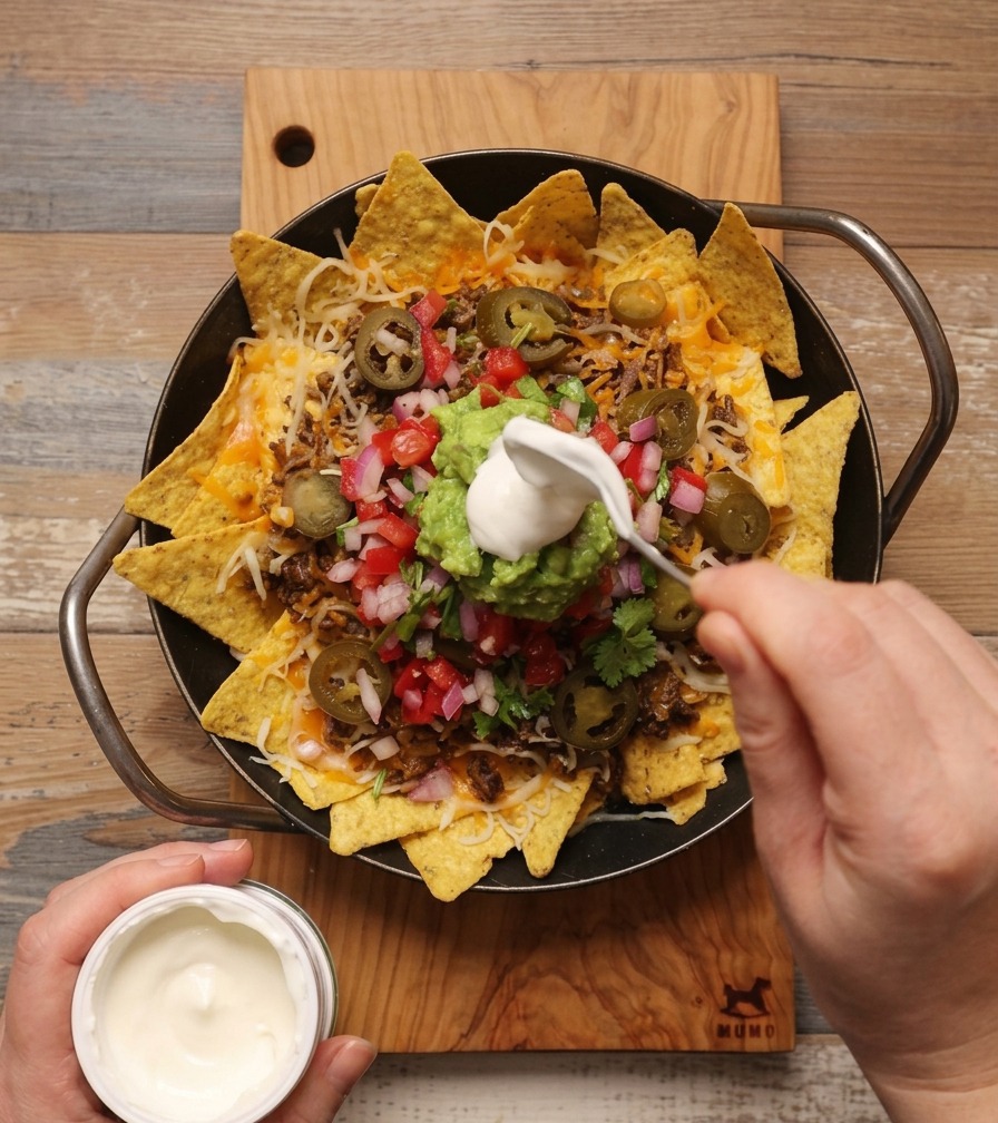 A spoon adding a white dollop of sour cream to the top of the guacamole on a skillet of beef nachos.
