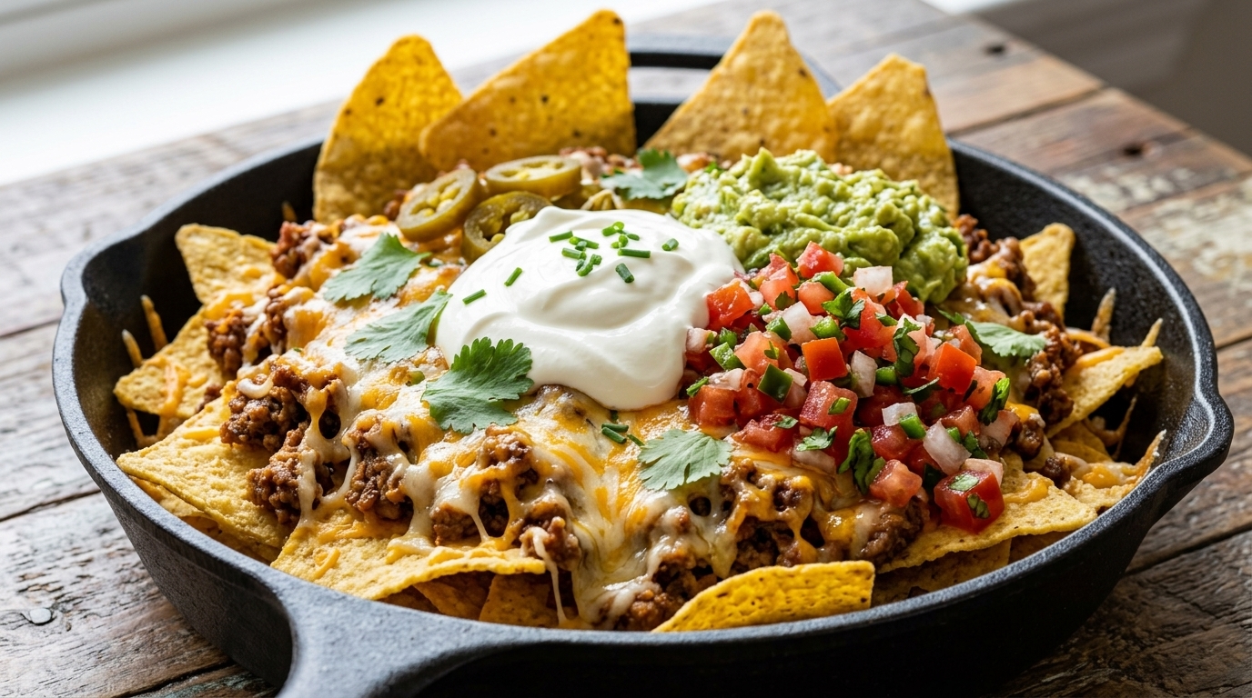 Loaded Mexican Cheesy Beef Nachos with Fresh Salsa and Guacamole