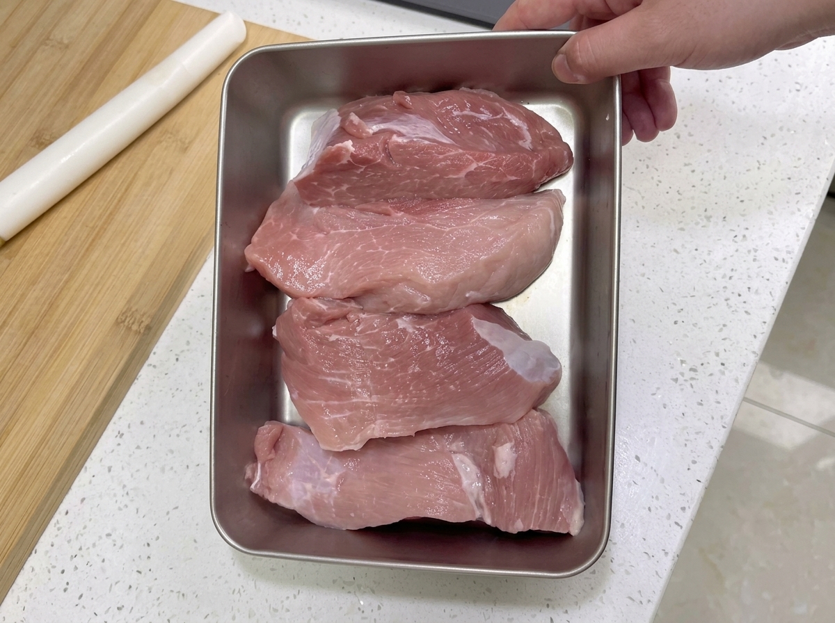 Several fresh, large pieces of lean pink pork leg meat arranged neatly in a shallow stainless steel tray on a white countertop.