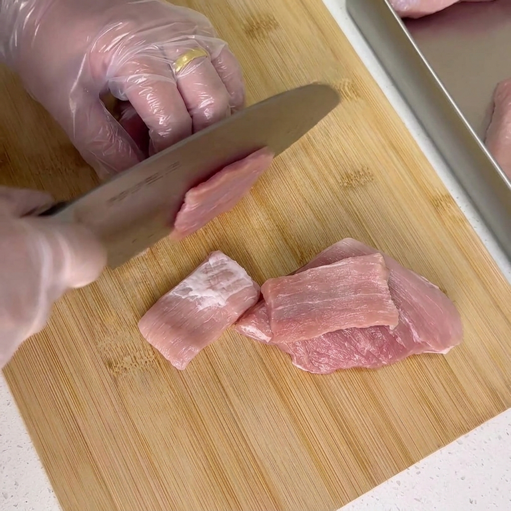 A chef using a large stainless steel cleaver to cut thin, even slices of raw pork on a wooden board, with several slices already prepared.