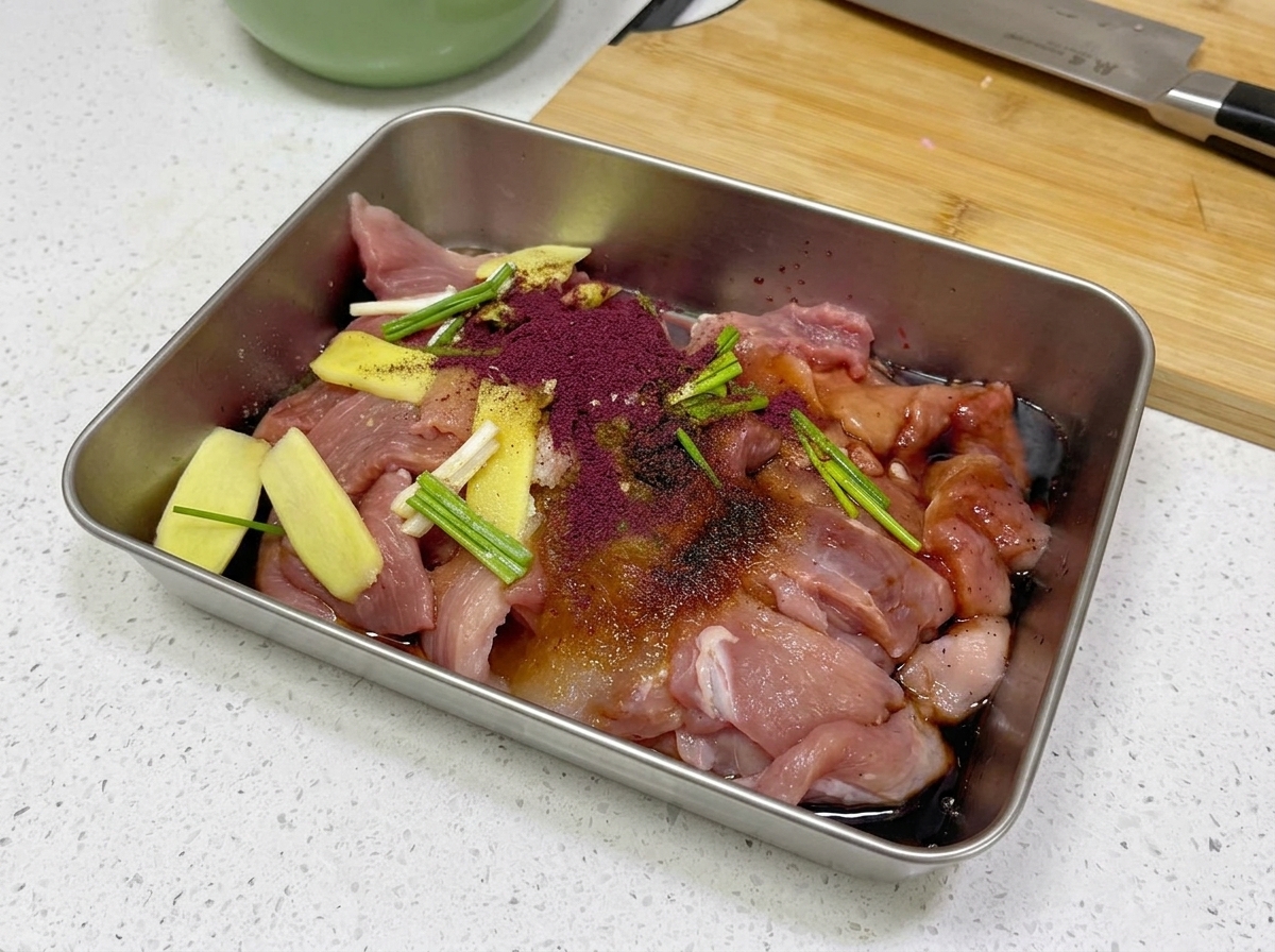 Finely ground purple-red yeast rice powder scattered over seasoned raw pork slices and aromatic herbs in a stainless steel tray.