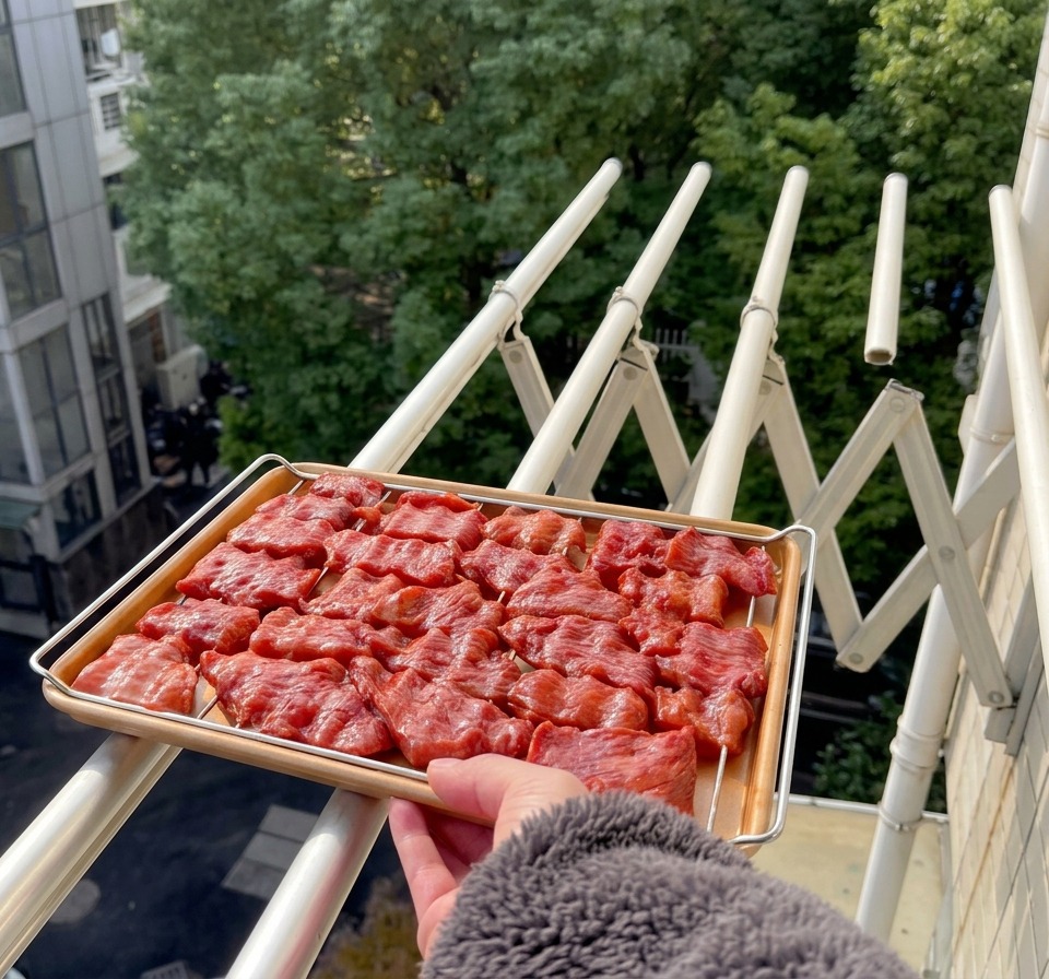 A wire tray filled with red pork slices being held over a balcony railing with a city street and green trees in the background.
