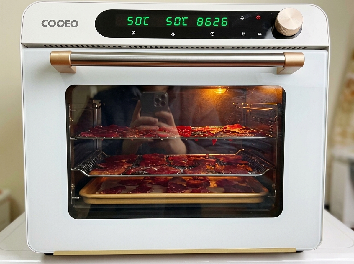 Marinated pork slices laid out on wire racks inside a modern white countertop oven, with the internal light illuminated and the digital display set to 50 degrees Celsius.