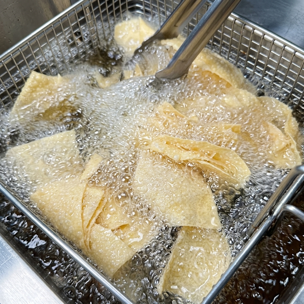 Tortilla chips submerged in bubbling hot oil inside a stainless steel deep fryer.