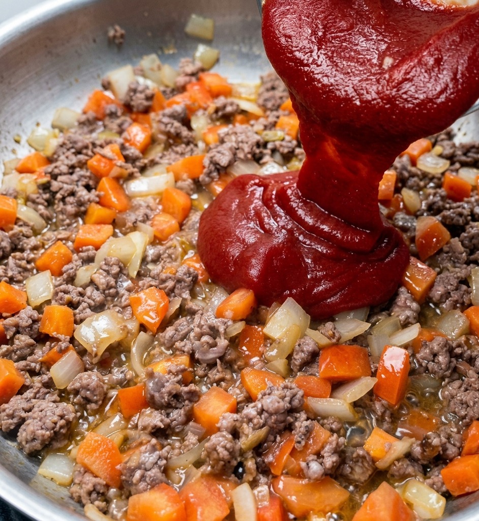 A thick stream of dark red tomato sauce being poured onto a mixture of browned ground beef, onions, and tomatoes in a skillet.