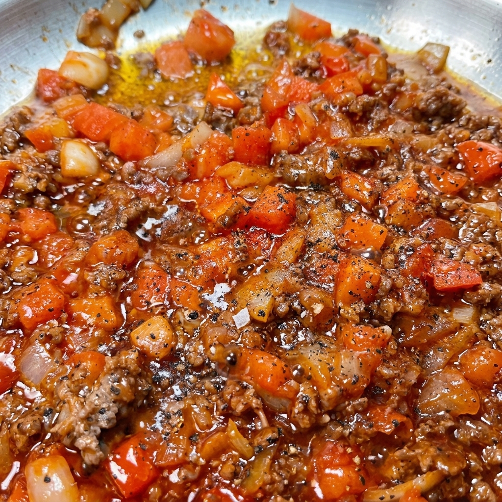 Black pepper being freshly ground over a bubbling meat sauce filled with diced tomatoes and onions.