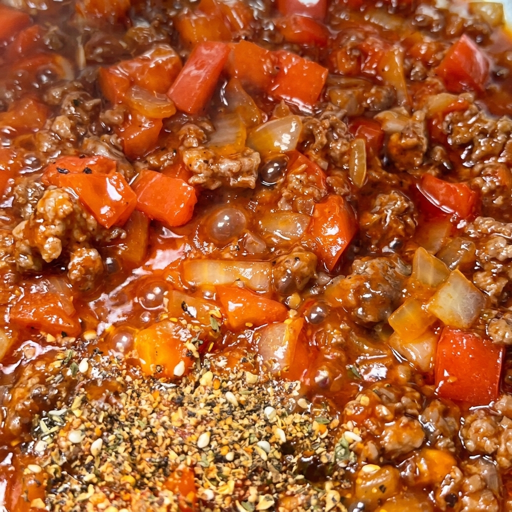 A pile of dry Argentine seasoning blend, containing various herbs and spices, sitting on top of the simmering meat sauce.