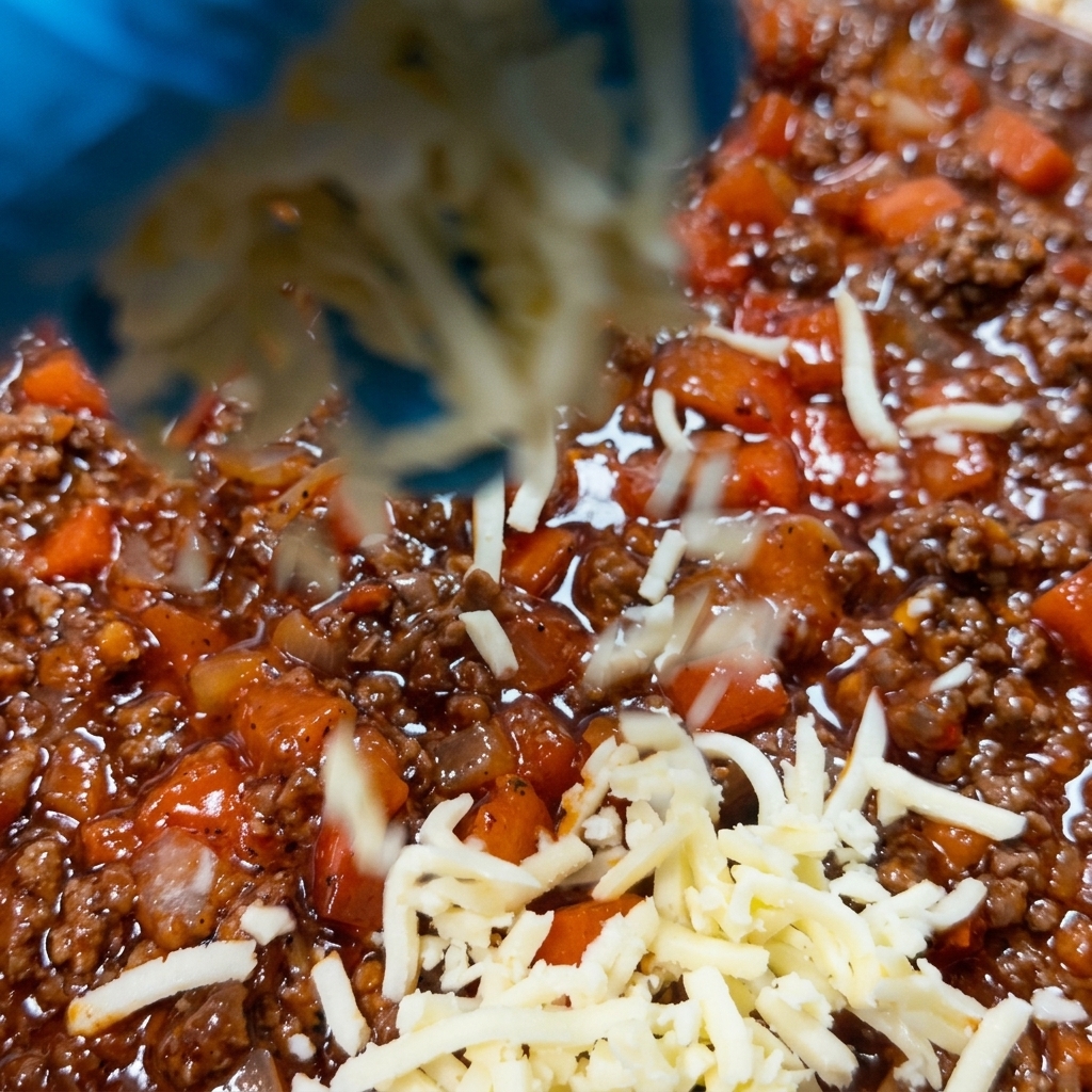 Shredded mozzarella cheese being sprinkled over a rich, red meat sauce in a stainless steel pan.