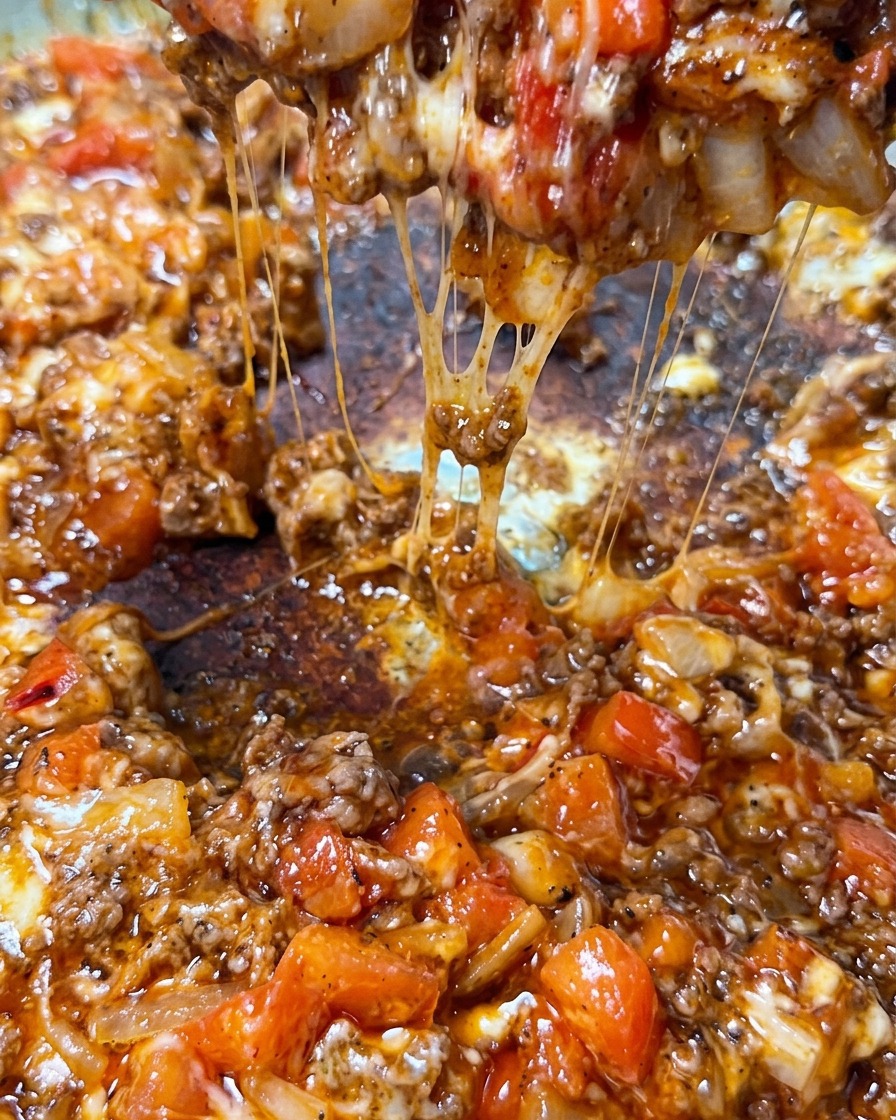 A close-up shot of a large spoon lifting a scoop of reddish meat sauce with thick, white strands of melted mozzarella cheese stretching down towards a pan.