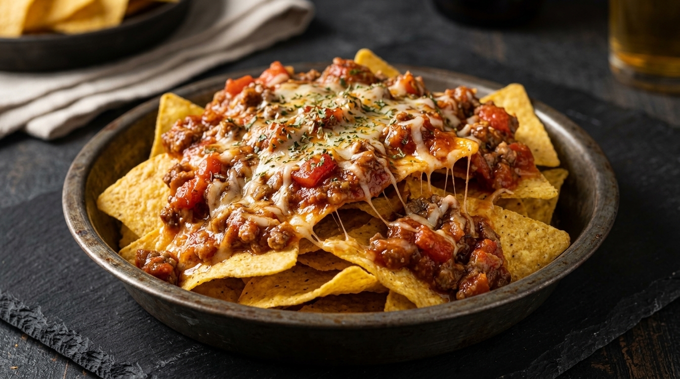 A platter of freshly fried tortilla chips topped with a chunky beef and tomato sauce and melted mozzarella cheese.