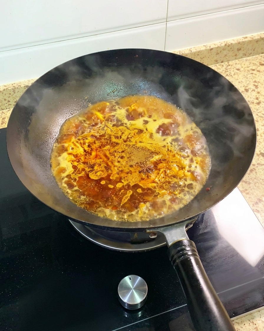 The spiced soup base simmering and bubbling in the wok with steam rising from the surface.