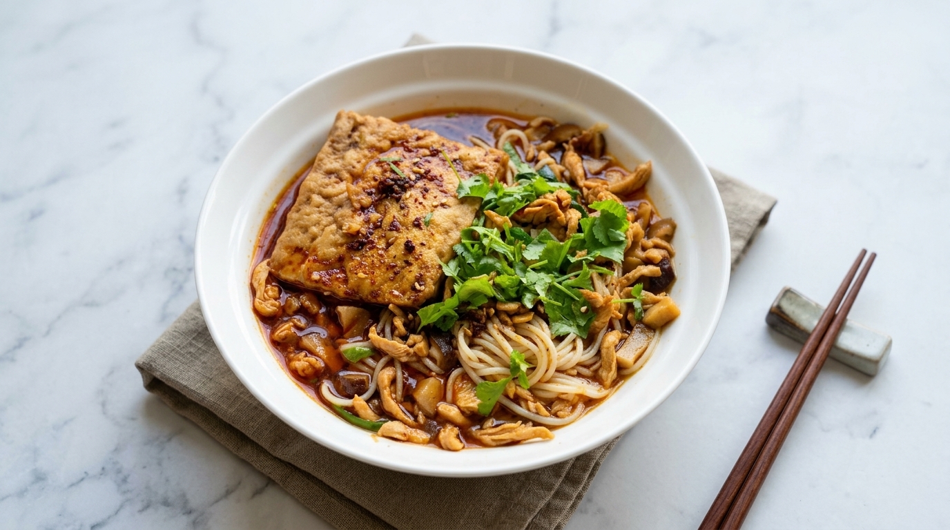 Spicy Shredded Chicken Noodles with Braised Tofu (Ji Si Mian)