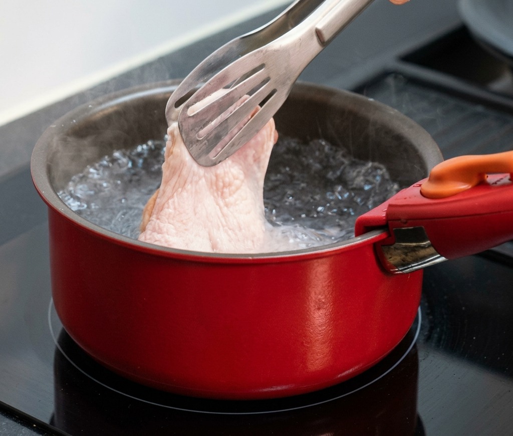 A hand using metal tongs to dip a raw chicken thigh into a red pot of vigorously boiling water on an induction cooktop.