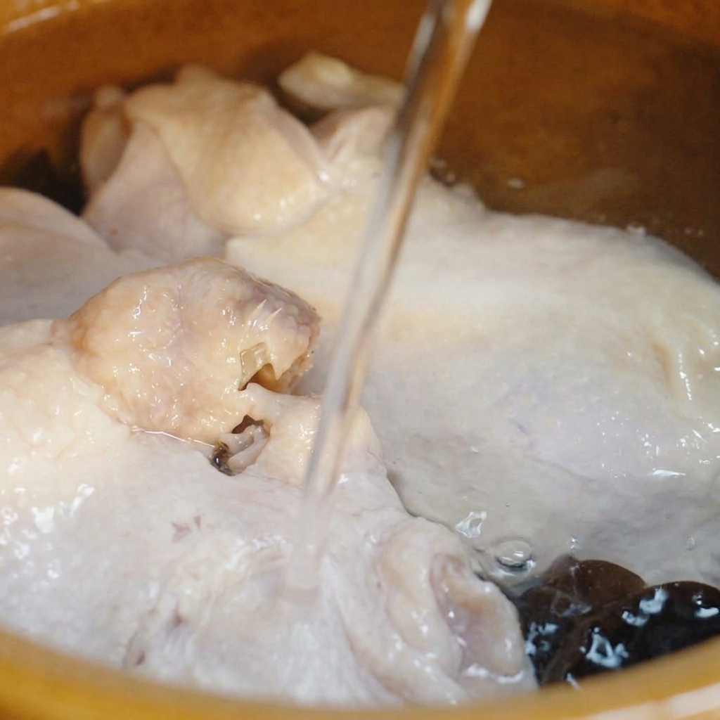 A close-up shot of a steady stream of clear water being poured onto blanched chicken thighs inside a ceramic pot.