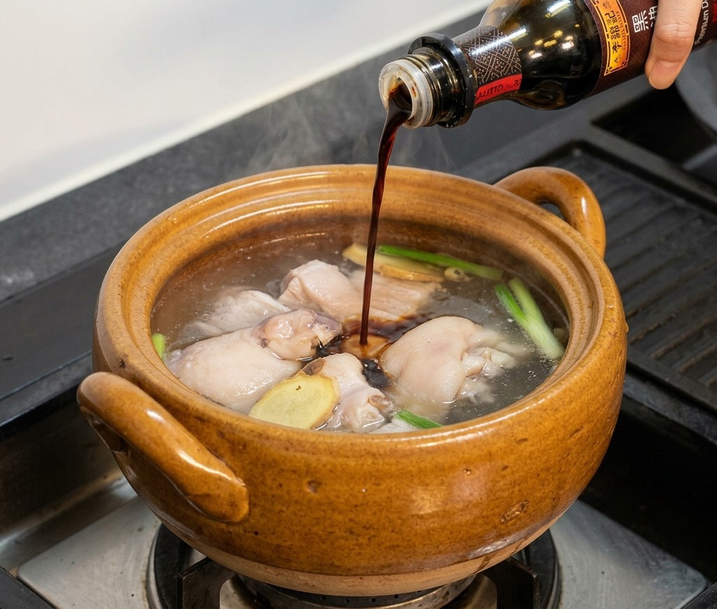 Dark soy sauce pouring from a bottle into a ceramic pot containing chicken and kombu.