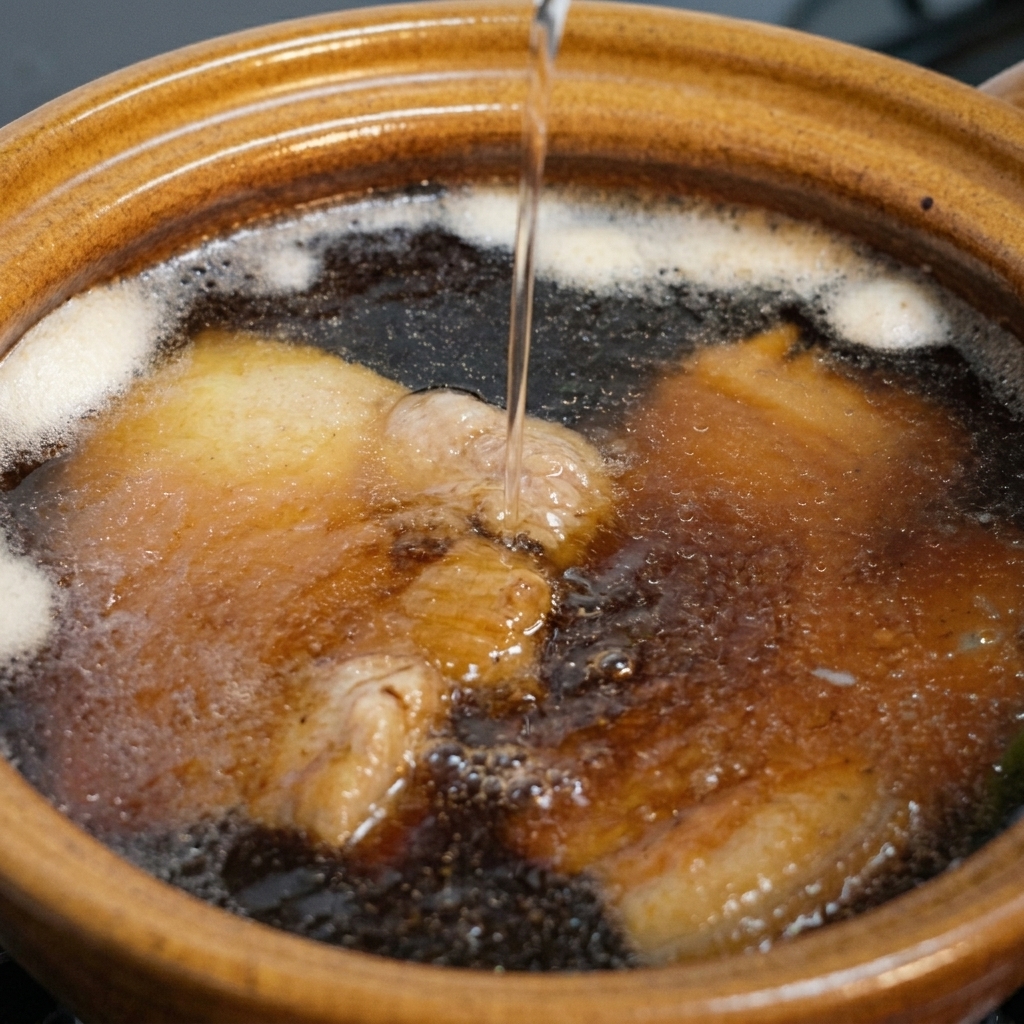 A stream of clear rice wine being poured into a ceramic pot containing chicken thighs and a dark soy based broth.